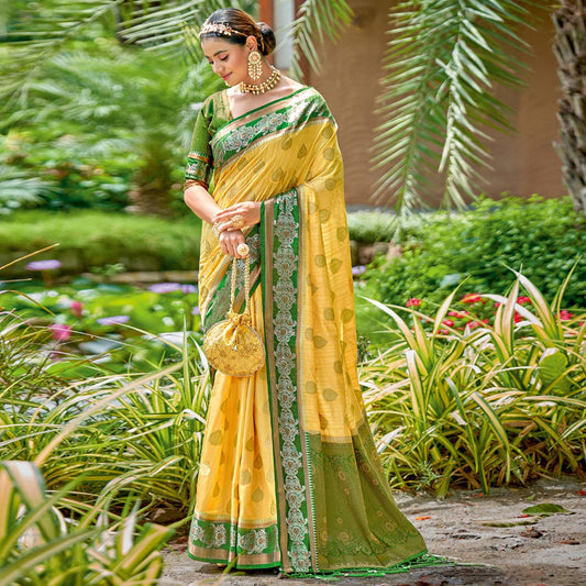 Yellow Woven Banarasi Silk Saree With Tassels