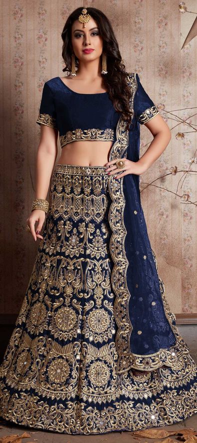 Semi Velvet Mehendi Sangeet Lehenga in Blue with Mirror work-1514711