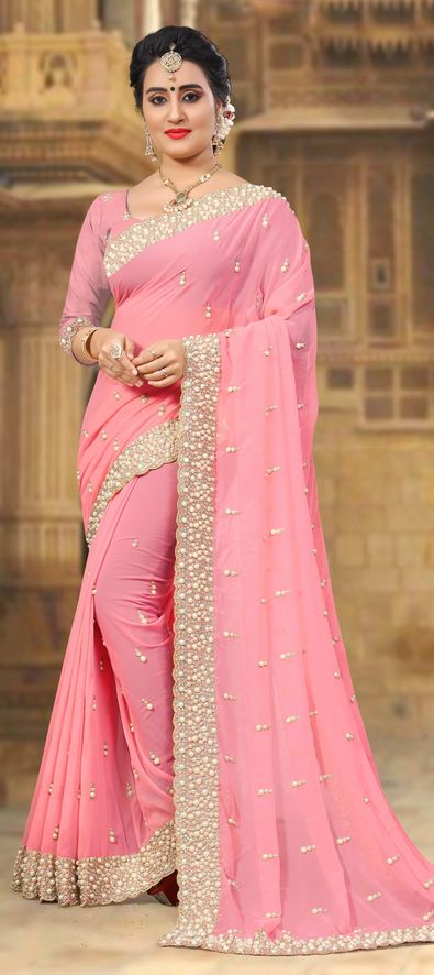 Georgette Wedding Saree in Pink and Majenta with Moti Work-1528783