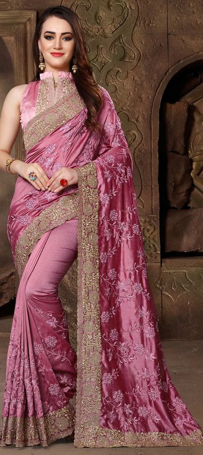 Crepe Silk Party Wear Saree in Pink and Majenta with Stone Work-1561454