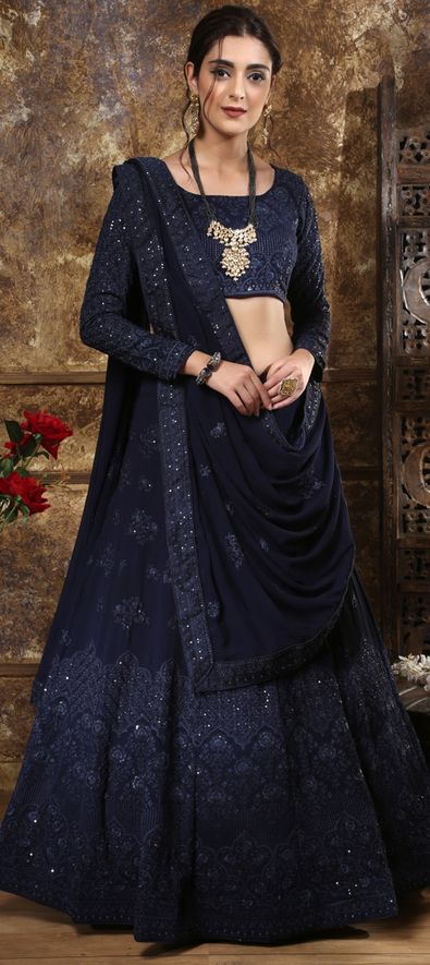 Georgette Mehendi Sangeet Lehenga in Blue with Embroidered work-1588344