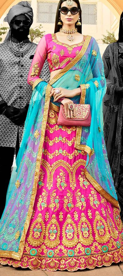 Silk Mehendi Sangeet Lehenga in Pink and Majenta with Resham work-1590152