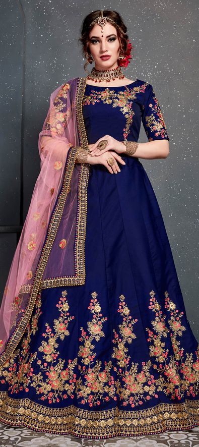 Taffeta Silk Wedding Lehenga in Blue with Zari work-1594622