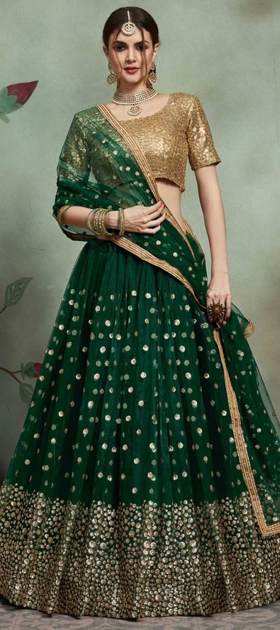 Net Mehendi Sangeet Lehenga in Green with Sequence work-1599918