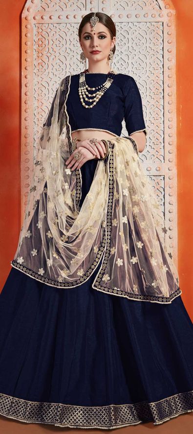 Art Silk Mehendi Sangeet Lehenga in Blue with Zari work-1601169