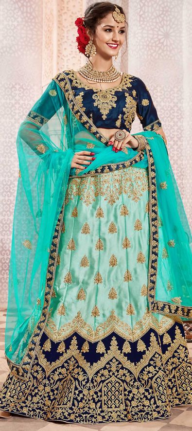 Satin Silk Bridal Lehenga in Blue with Stone work-1608495