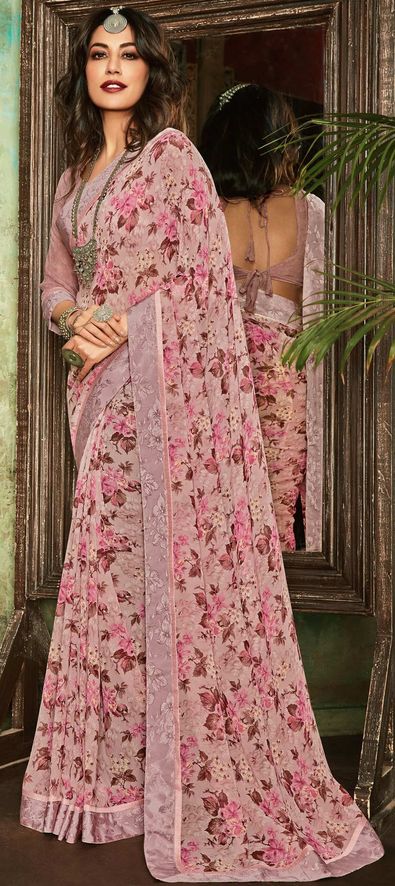 Georgette Party Wear Saree in Pink and Majenta with Printed Work-1621096