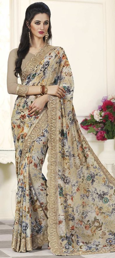 Georgette Casual Saree in Beige and Brown with Floral Work-1630457