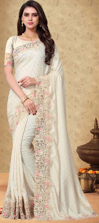 Silk Traditional Saree in White and Off White with Stone Work-1653860