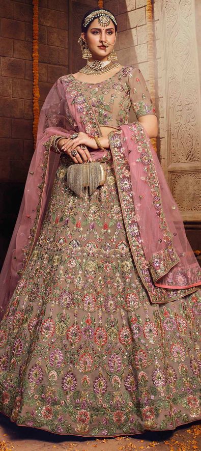 Georgette Bridal Lehenga in Beige and Brown with Sequence work-1668002