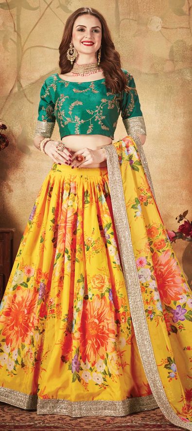 Organza Silk Festive Lehenga in Yellow with Floral work-1674895