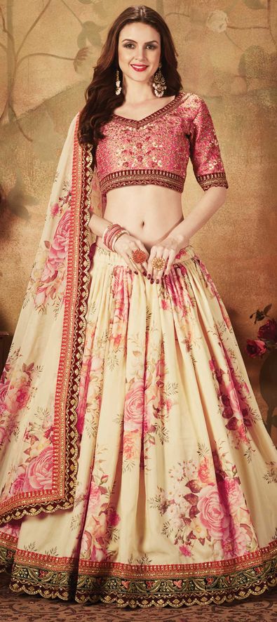 Organza Silk Festive Lehenga in Beige and Brown with Floral work-1674900