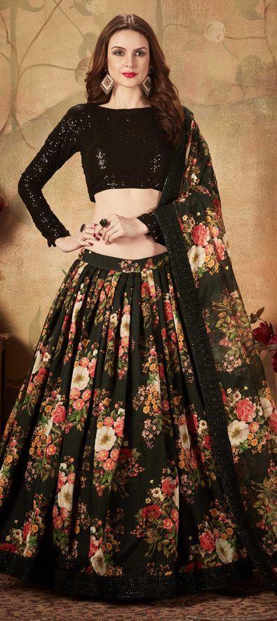 Organza Silk Festive Lehenga in Black and Grey with Digital Print work-1674902