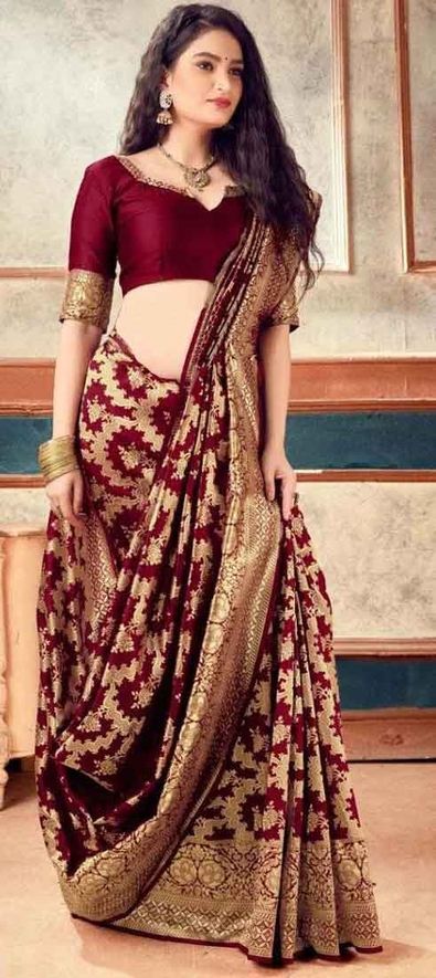 Silk Traditional Saree in Red and Maroon with Weaving Work-1688744