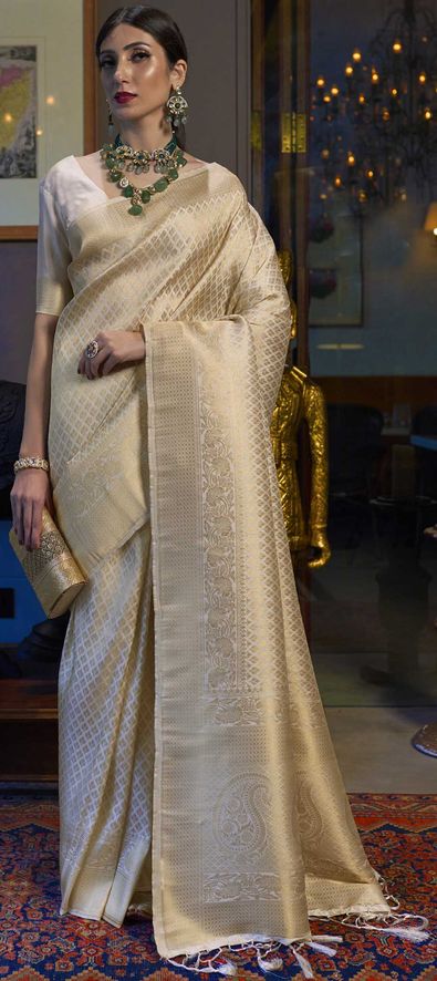 Art Silk Traditional Saree in White and Off White with Weaving Work-1695479