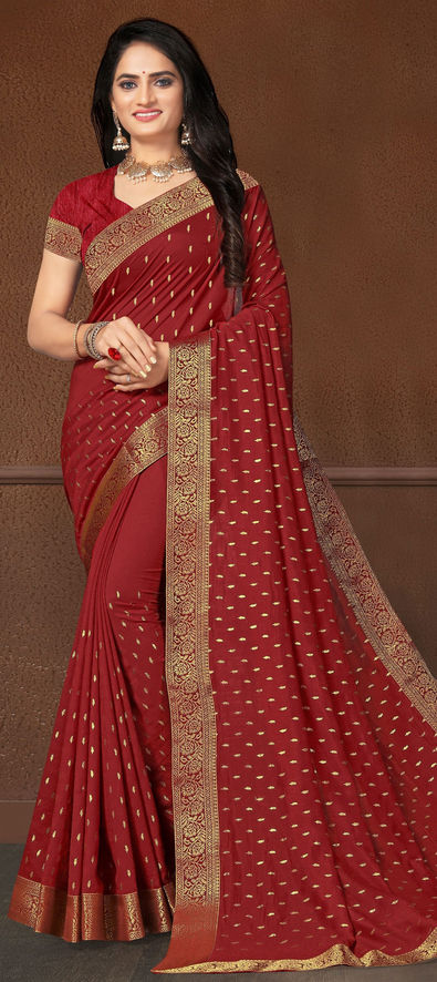 Art Silk Traditional Saree in Red and Maroon with Lace Work-1696750