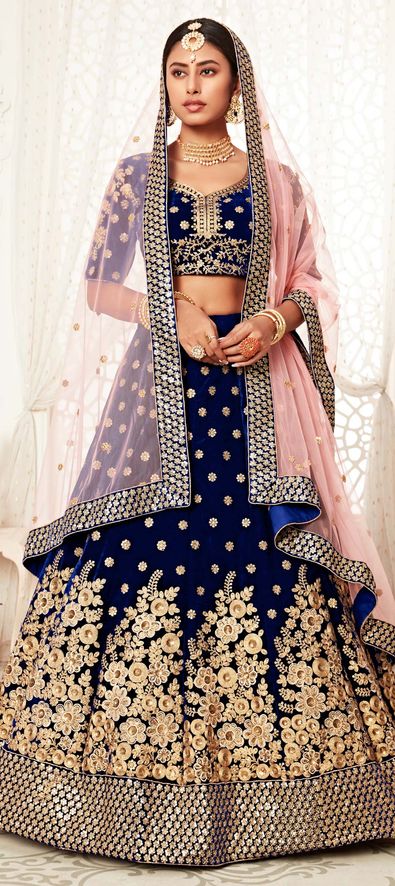 Velvet Bridal Lehenga in Blue with Embroidered work-1697658