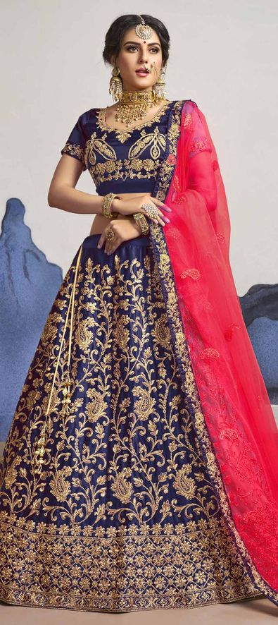 Satin Silk Festive Lehenga in Blue with Embroidered work-1698829