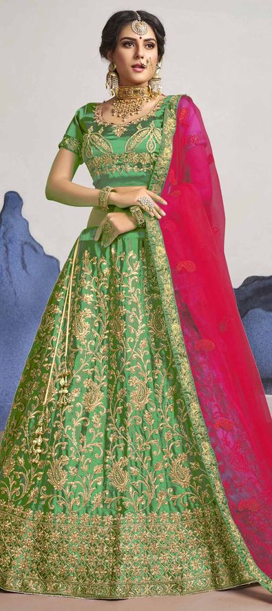 Satin Silk Festive Lehenga in Green with Embroidered work-1698832