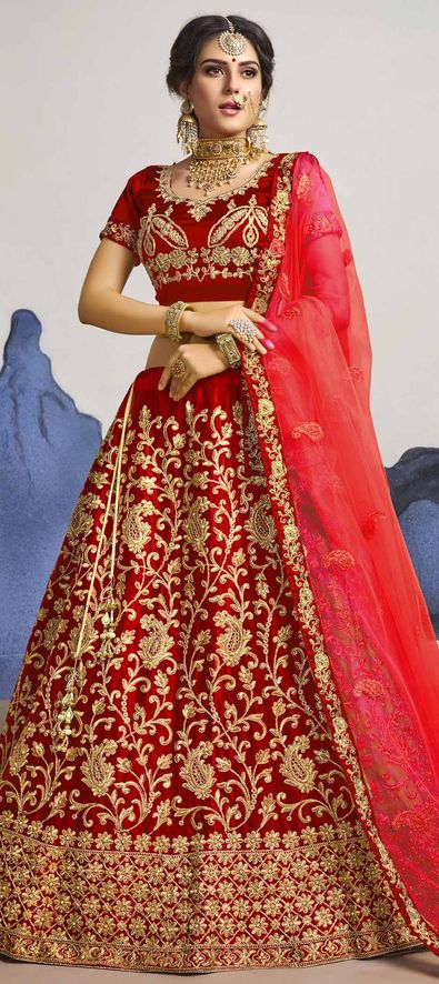 Satin Silk Festive Lehenga in Red and Maroon with Thread work-1698837