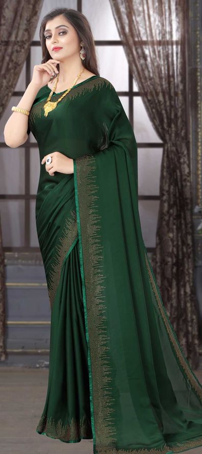 Silk Traditional Saree in Green with Swarovski Work-1704336