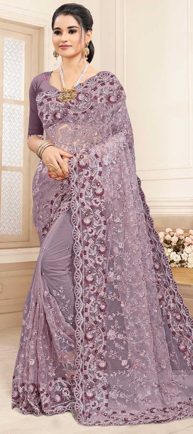 Net Festive Saree in Purple and Violet with Embroidered Work-1709942