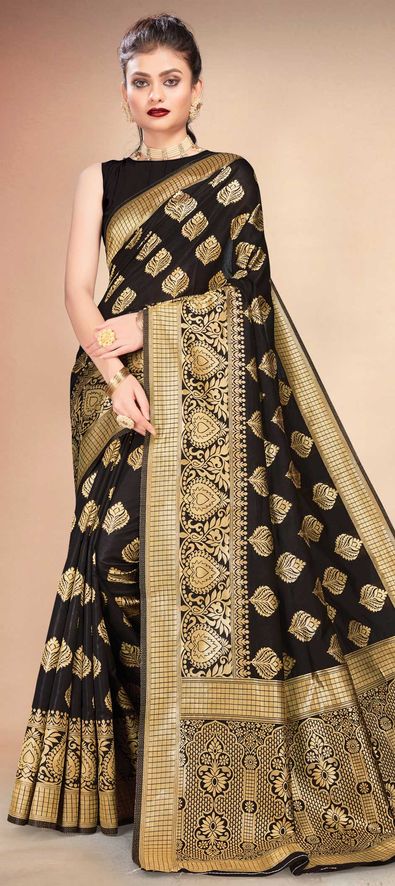 Banarasi Silk Traditional Saree in Black and Grey with Weaving Work-1711546