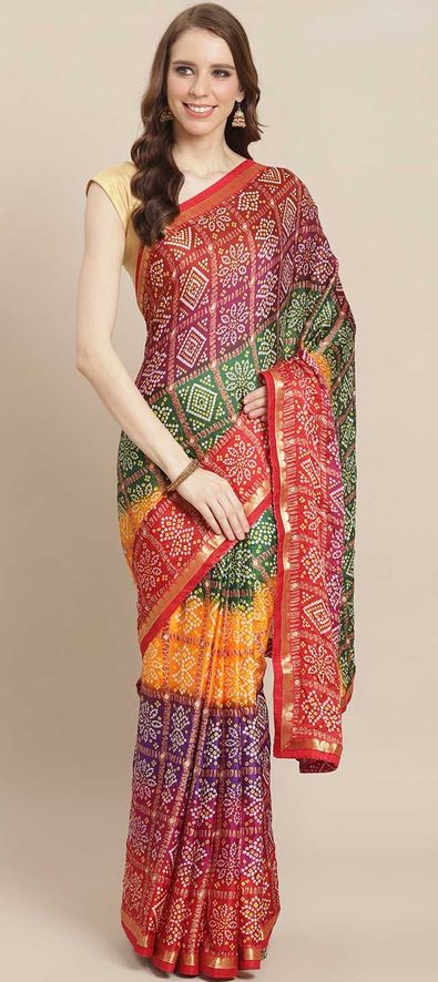 Georgette Festive Saree in Multicolor with Bandhej Work-1720111