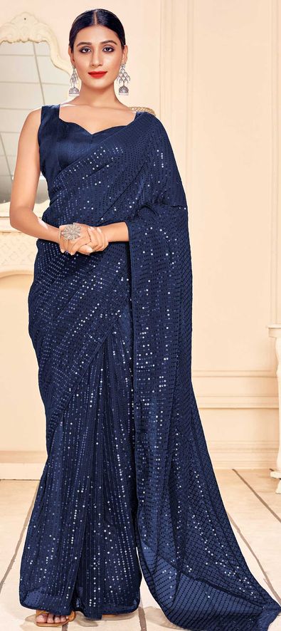 Georgette Festive Saree in Blue with Sequence Work-1726945