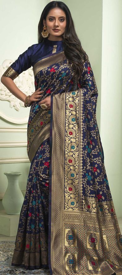 Art Silk Traditional Saree in Blue with Weaving Work-1734345