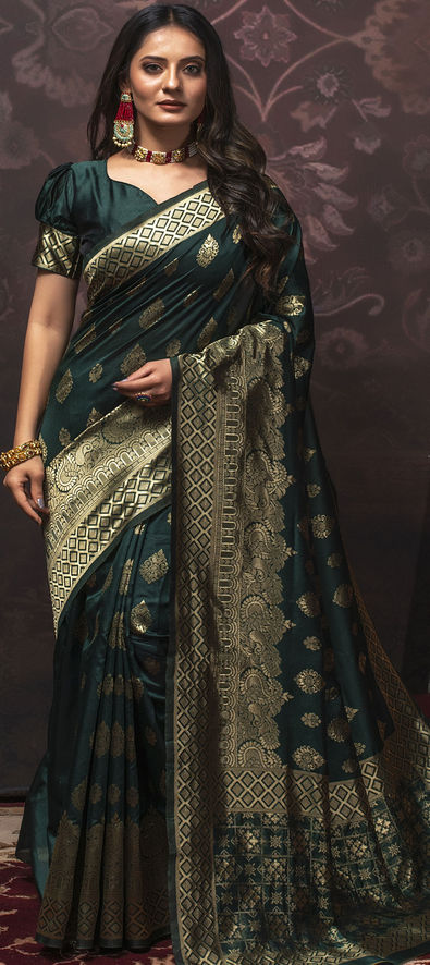 Silk Traditional Saree in Green with Weaving work