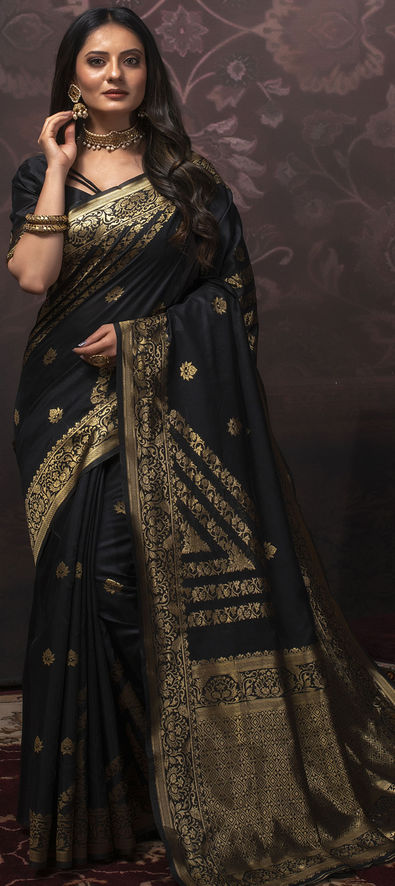 Silk Traditional Saree in Black and Grey with Weaving Work-1734598