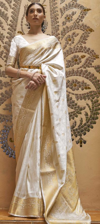 Kanchipuram Silk Traditional Saree in White and Off White with Weaving work