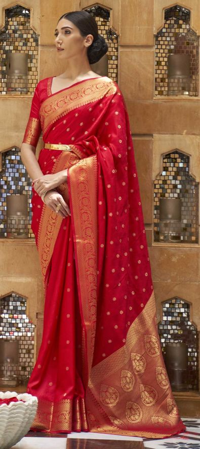 Kanchipuram Silk Party Wear Saree in Red and Maroon with Weaving Work-1746561