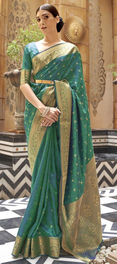 Kanchipuram Silk Traditional Saree in Green with Weaving Work-1746565