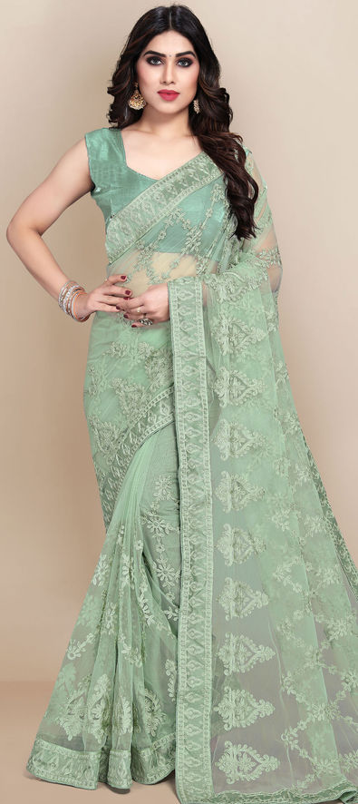 Net Party Wear Saree in Green with Thread Work-1746697