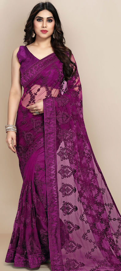 Net Party Wear Saree in Purple and Violet with Thread Work-1746704