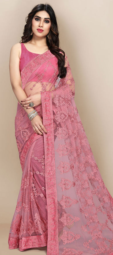 Net Party Wear Saree in Pink and Majenta with Resham Work-1746708