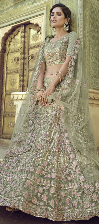 Net Bridal Lehenga in Green with Sequence work-1747166