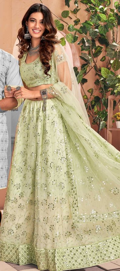 Net Bridal Lehenga in Green with Sequence work-1748817