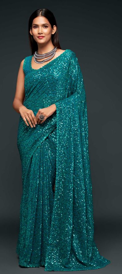 Georgette Party Wear Saree in Blue with Thread Work-1750829