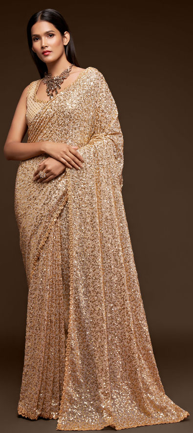 Georgette Party Wear Saree in Beige and Brown with Thread Work-1750841