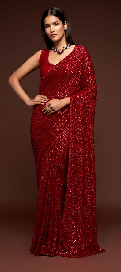 Georgette Party Wear Saree in Red and Maroon with Thread Work-1750848