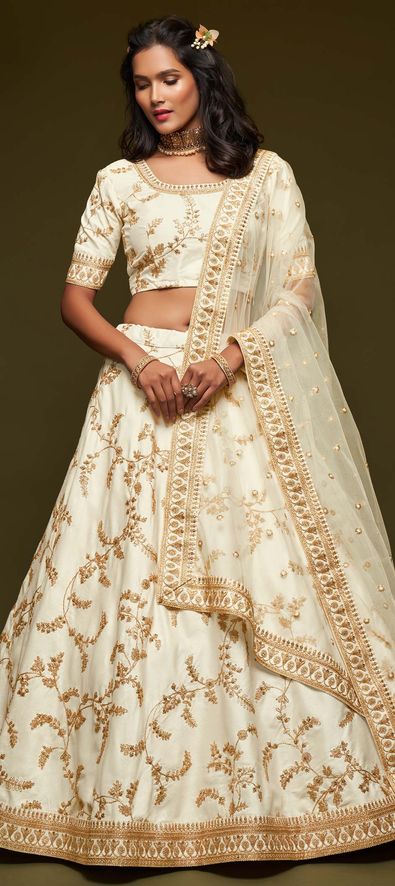 Silk Wedding Lehenga in White and Off White with Thread work-1752883