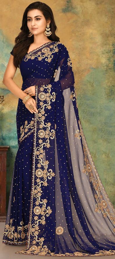 Georgette Traditional Saree in Blue with Stone Work-1753044