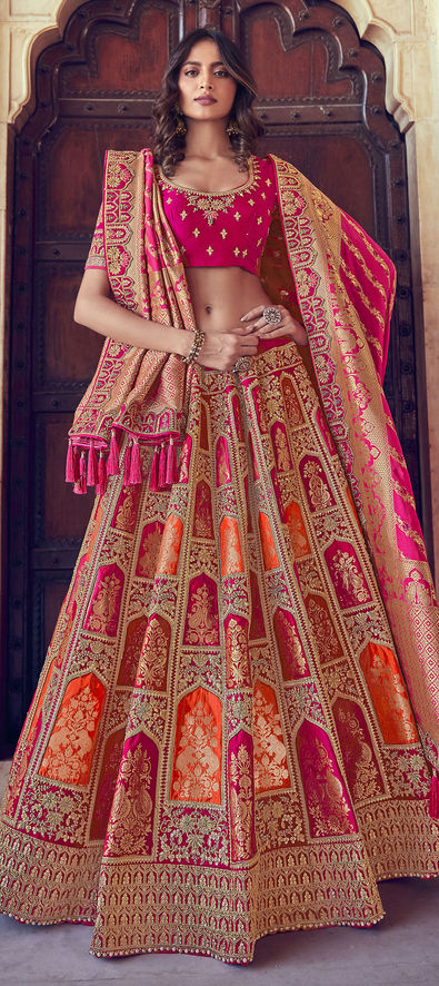 Silk Bridal Lehenga in Orange with Embroidered work-1753940