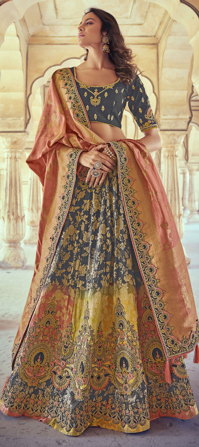 Silk Traditional Lehenga in Black and Grey with Stone work-1753949