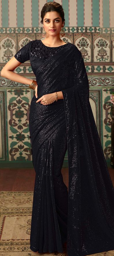 Georgette Party Wear Saree in Black and Grey with Thread Work-1754867