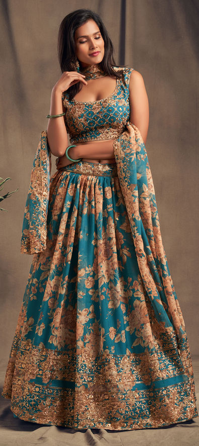 Organza Silk Festive Lehenga in Blue with Printed work-1756301