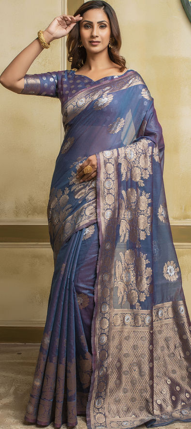 Cotton Traditional Saree in Blue with Weaving Work-1757757